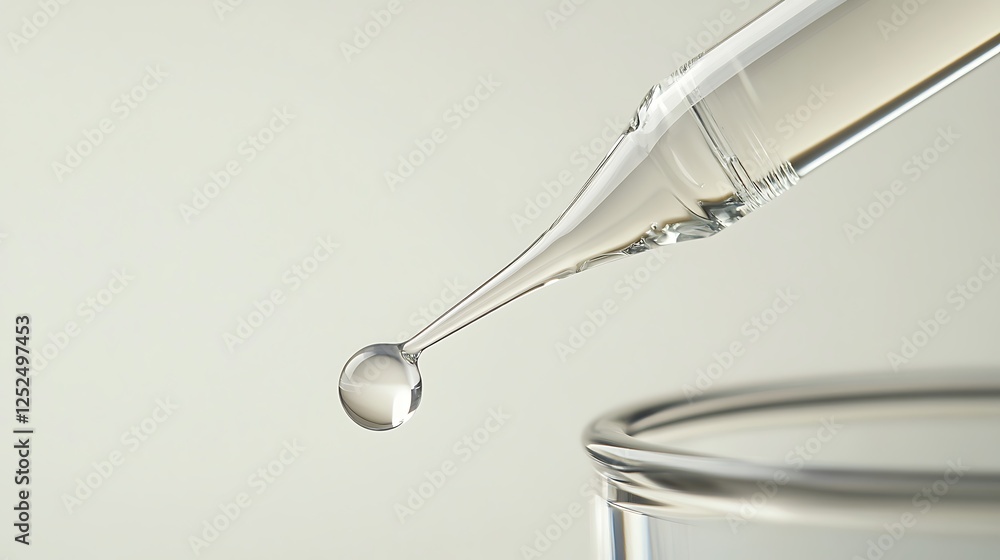 Poster precise droplet: a close-up of a pipette dispensing a single drop of liquid into a glass container