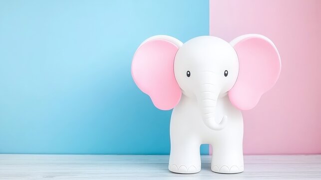 Cute White Elephant Toy on Blue and Pink Background for Baby Room