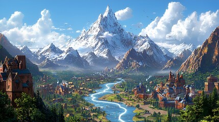 Majestic snow-capped mountain valley town, river, scenic background, fantasy game art