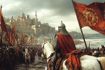 Crusaders advance towards Constantinople during the Fourth Crusade in 1840