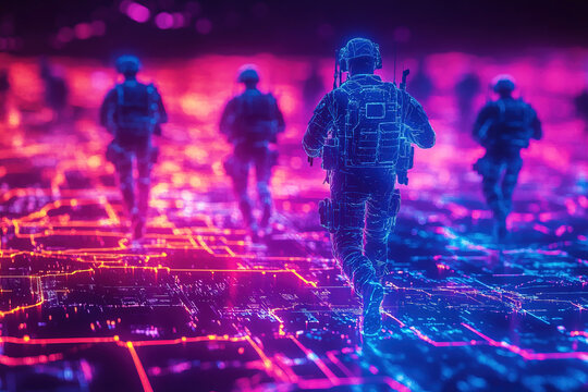 Military operations highlighted with neon visuals showing soldiers and equipment movement