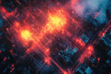 Fototapeta premium Satellite view of military operations and soldiers during intense conflict with graphic neon effects