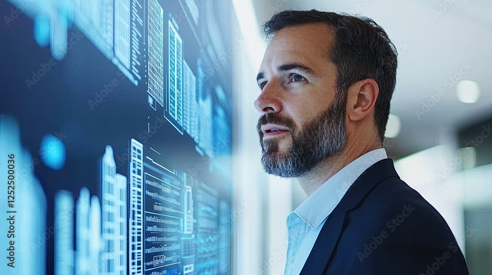 Poster a professional man examines a digital display filled with data, symbolizing analysis and innovation 