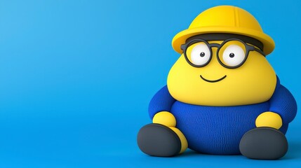 Fototapeta premium Cute Animated Character Wearing Glasses and Hard Hat on Blue Background