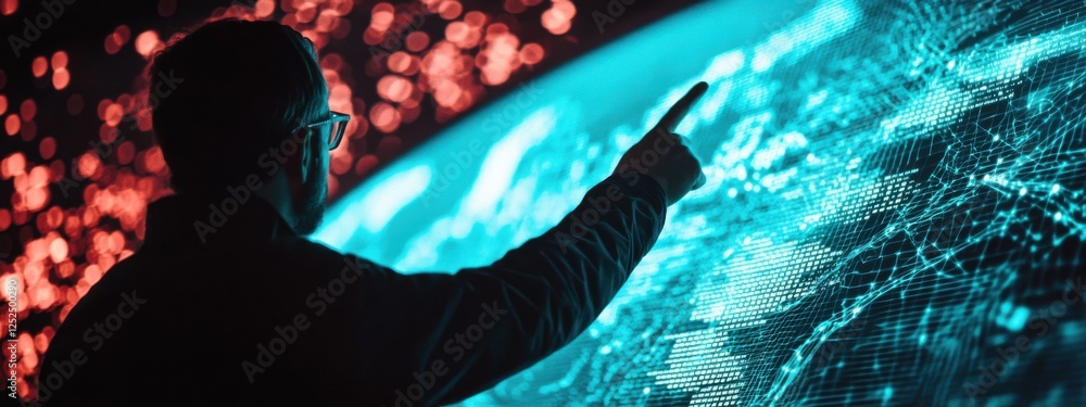 Aufkleber futuristic man interacting with digital globe and data visualization in dark environment
