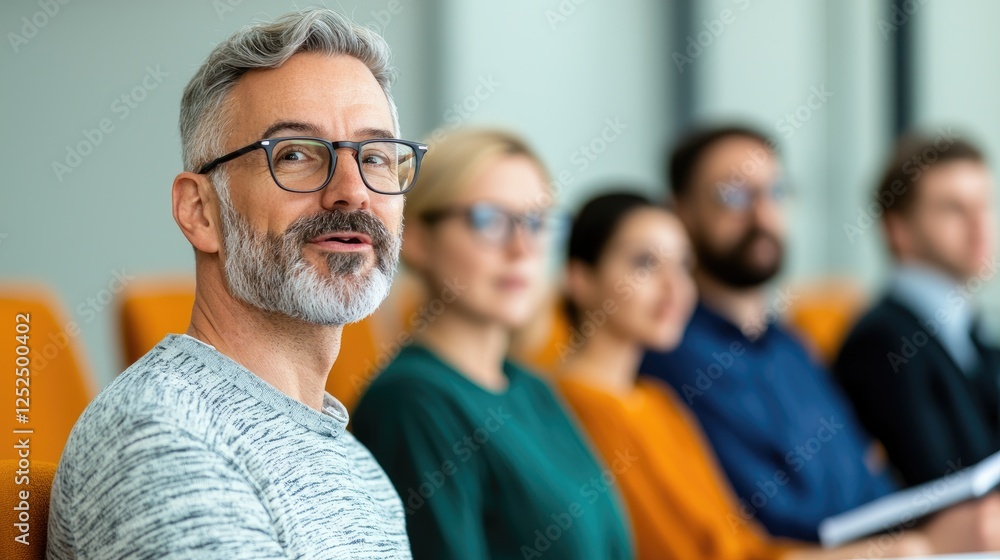 Poster A smiling man with glasses engages in a discussion while four others listen attentively in a bright, modern setting.