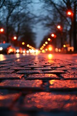 Wet street reflecting city lights at dusk for urban travel, lifestyle images