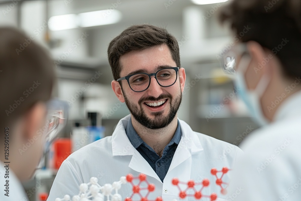 Poster a smiling scientist engages with colleagues in a laboratory, emphasizing teamwork and collaboration 