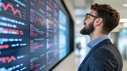 Fototapeta premium A man in a suit observes financial data displayed on a digital screen, analyzing market trends and performance metrics.