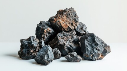 Pile of porous dark volcanic rocks against plain white background