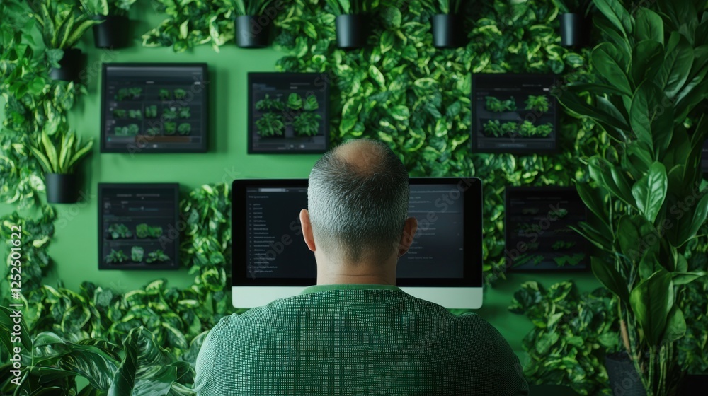 Poster man working on computer surrounded by lush green foliage in a modern indoor workspace