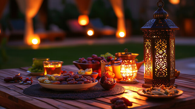 Traditional iftar meal on a wooden table, dates, tea, fresh fruits, and delicious Middle Eastern dishes, warm and inviting atmosphere, Ramadan Iftar Meal 