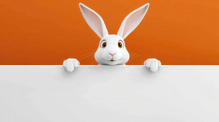 Obraz premium Cute cartoon rabbit peeking over a blank white sign on orange background