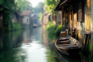 A serene canal scene featuring a wooden boat beside rustic houses, surrounded by lush greenery and tranquil waters.