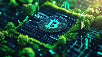 Blockchain-powered environmental impact tracking system, decentralized sustainability data, digital interface with futuristic HUD elements, cyber-tech aesthetic