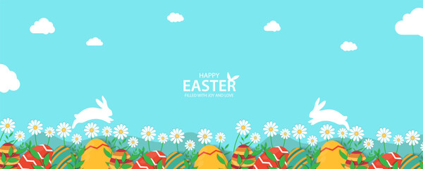 Easter Greeting card poster and banner template with Easter eggs in the nest on green, blue, yellow, white and pink background.Greetings and presents for Easter Day with copy space in flat styling