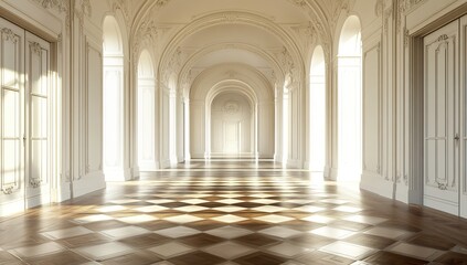 Elegant Hallway Architecture: Sunlit Columns, Arches, and Checkerboard Floor in a Classic Building