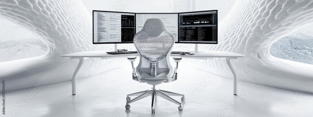 Poster modern minimalist office setup featuring ergonomic chair and multiple computer monitors in sleek whi