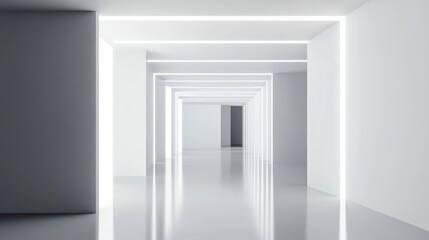 White hallway, glowing lines, reflective floor, modern architecture, website background