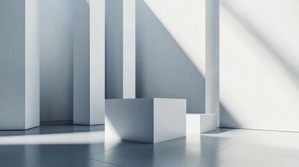 Fototapeta premium Minimalist white room, sunlight, product display, geometric shapes