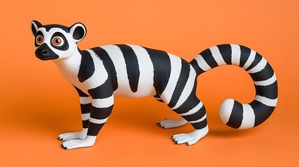 Obraz premium Realistic Toy Lemur with Stripes on Bright Orange Background