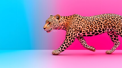 Fototapeta premium Elegant Leopard Walking on a Vibrant Blue and Pink Background