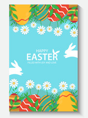 Easter Greeting card poster and banner template with Easter eggs in the nest on green, blue, yellow, white and pink background.Greetings and presents for Easter Day with copy space in flat styling