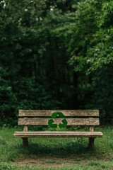 Naklejka premium Recycle symbol on bench in park; environmental message about protecting nature