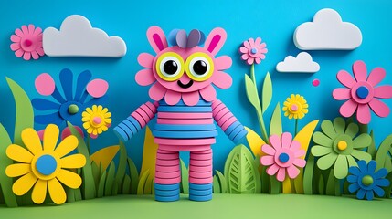 Naklejka premium Playful Colorful Character Surrounded by Bright Flowers and Clouds