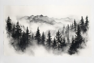 Misty mountain forest landscape, scenic view, nature art, peaceful background, ideal for print