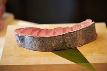 Fresh tuna sashimi on a cutting board