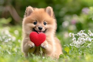 Promotion domestic animal conceptual art. Cute finnish spitz pup with domestic animal toy red heart on a walk in a spring garden. Finnish spitz - my beloved dog, symbol of friendship.
