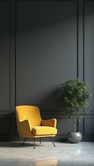 slate chair minimalistic mockup vase yellow dark interior room modern living wall empty mock tree background modern room interior armchair empty wall television tree slate floor furniture home house