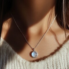 Elegant Moonstone Pendant Necklace: A Shimmering Jewel on Soft Skin