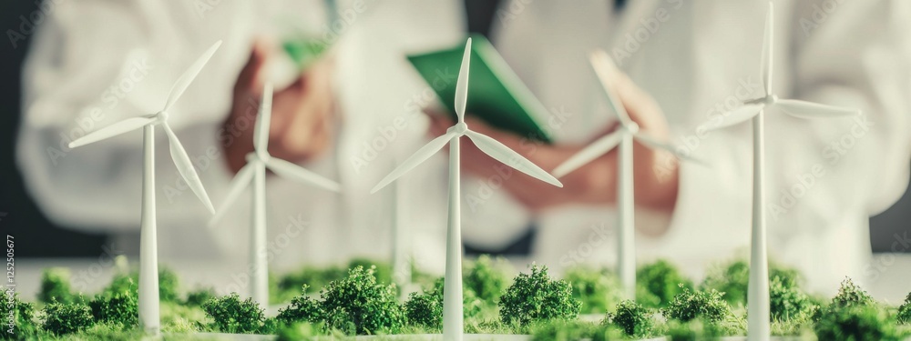 Poster hands of two researchers examining miniature wind turbines in a green field model representing susta