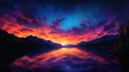 Naklejka premium Vibrant Sunset Over Tranquil Lake with Mountain Silhouettes