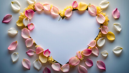 Obraz premium Pink Peach Rose Petals Forming a Heart Shape Around Blank White Paper on a Clean Surface for Wedding Day Anniversary or Love Themed Decor Ideas Romantic Wallpaper Background Idea Inspiration