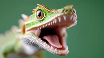 Green lizard, open mouth, close-up, green background, wildlife