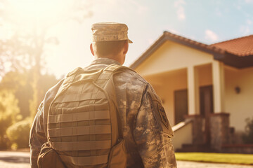 Soldier standing in front of house and looking on his new property, rear view. Military mortgages for the armed forces, real estate concept. Veteran come home
