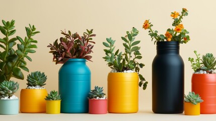 Colorful Plant Pots with Succulents and Flowers