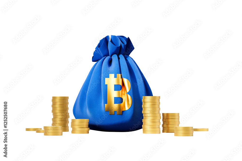 Poster blue bag with golden bitcoin symbol surrounded by stacks of gold coins, isolated on a white backgrou