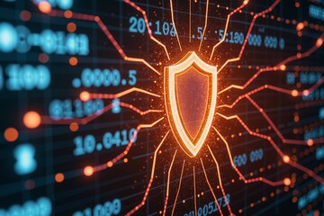a digital interface with a prominent security shield icon in the center. The shield is outlined in bright neon