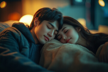 peaceful night scene of couple sleeping together, showcasing intimacy and comfort. warm lighting enhances serene atmosphere