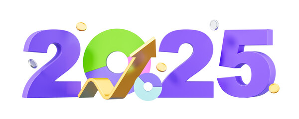 3D rendering of 2025 in bold purple with financial symbols, pie chart, and growth arrow, isolated on a white background. Future business strategy concept