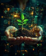 person holds small plant in soil, surrounded by digital technology elements, symbolizing sustainability and innovation