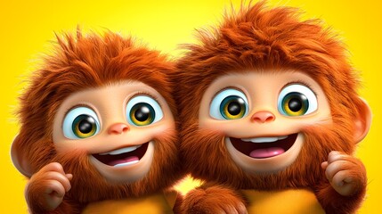 Fototapeta premium Two Playful Cartoon Monkeys with Big Eyes and Bright Expressions