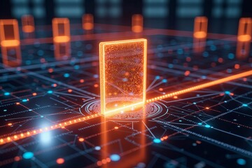 Obraz premium a digital interface with a prominent security shield icon in the center. The shield is outlined in bright neon