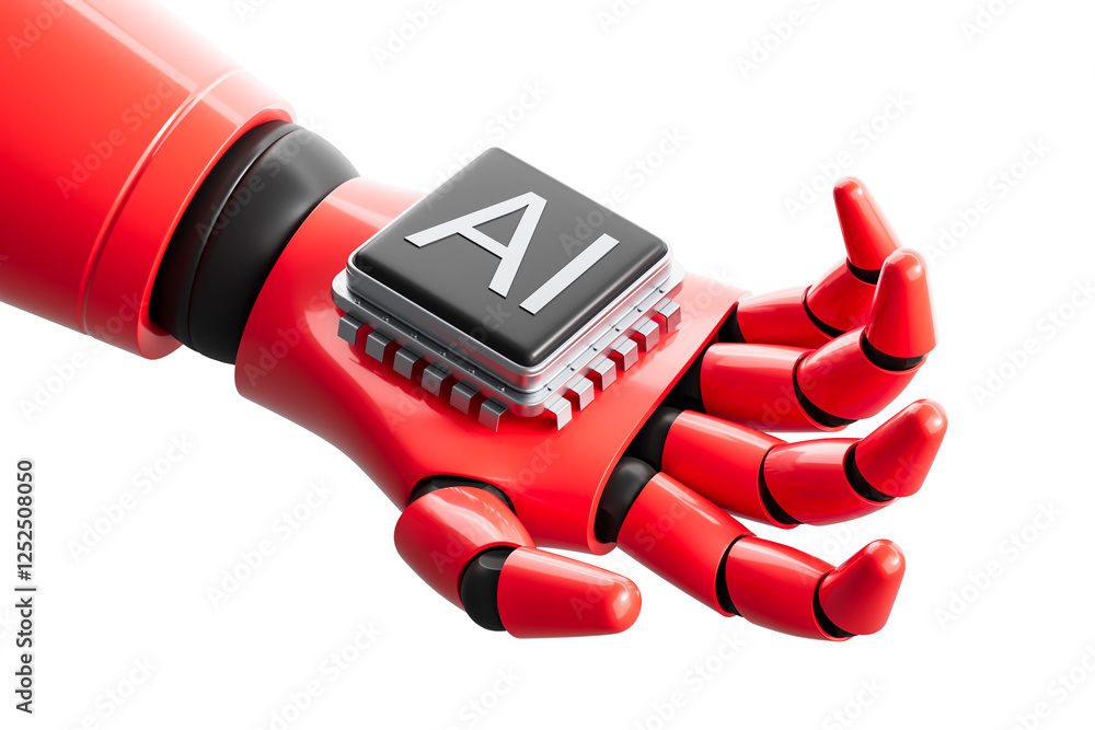 Poster red robotic hand with ai microchip embedded in the palm, symbolizing artificial intelligence integra