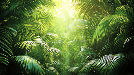 Sunbeams through lush tropical jungle foliage