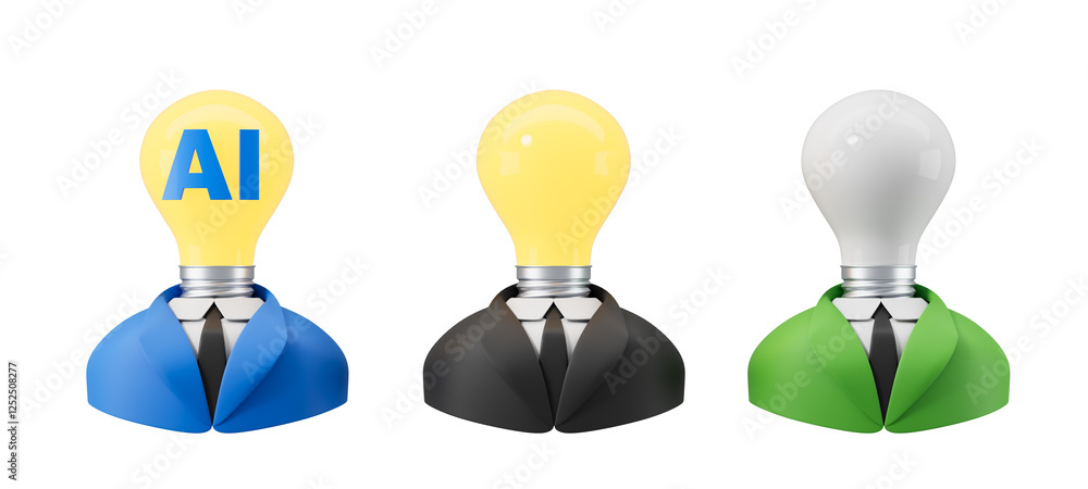 Poster Three business suits with lightbulb heads representing AI-driven recruitment and HR concepts. The first bulb is labeled AI, symbolizing innovation in job search. 3D Rendering